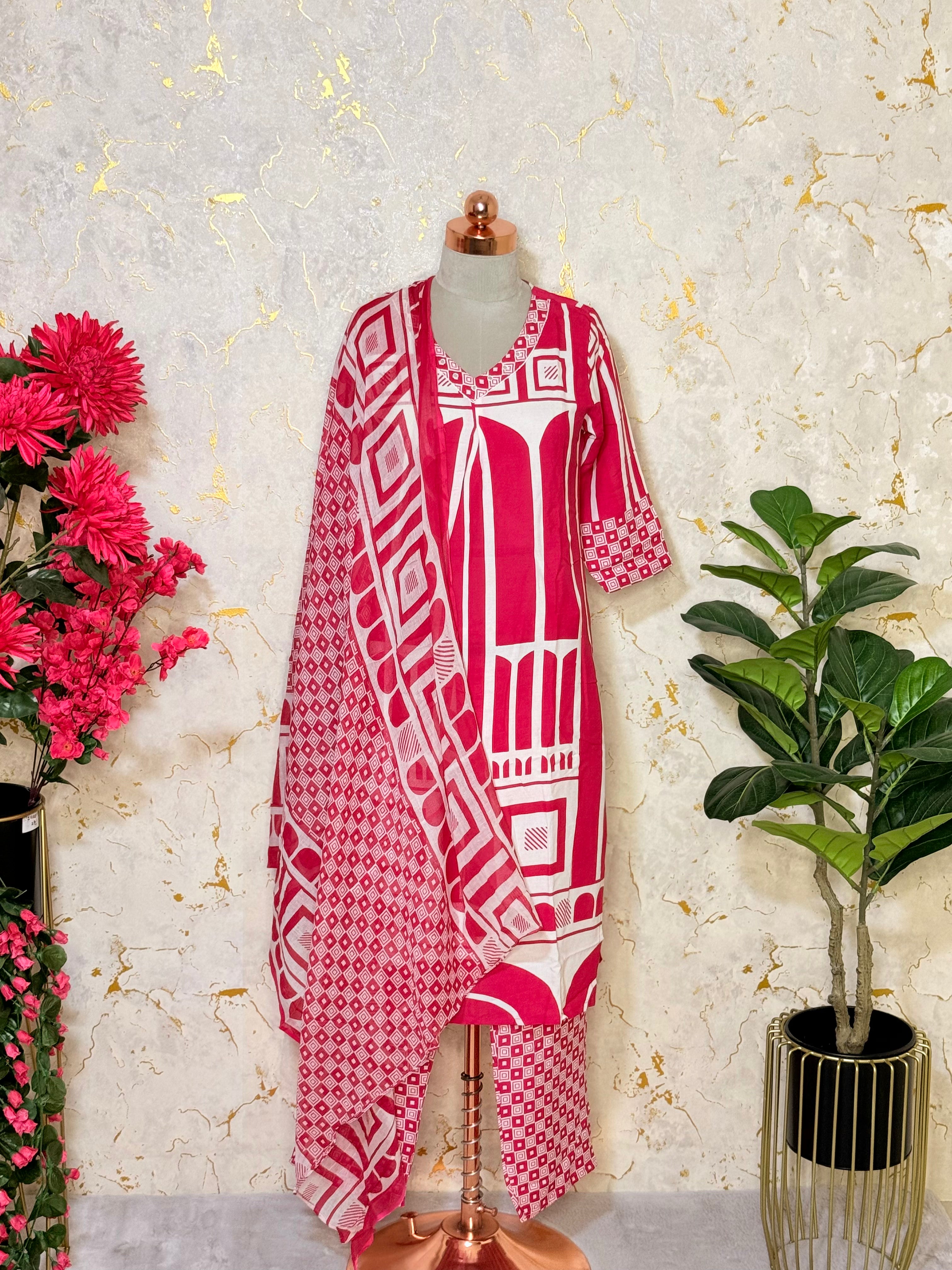 Pink and white patterned dress